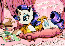 Size: 4200x2970 | Tagged: safe, artist:shira-hedgie, imported from derpibooru, fluttershy, rarity, pony, unicorn, bed, bedroom, bedroom eyes, clothes, coffee, crossed hooves, female, food, i can't believe it's not idw, looking down, magazine, mare, morning, reading, robe, signature, smiling, solo