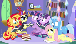 Size: 1200x700 | Tagged: safe, artist:dm29, imported from derpibooru, flash sentry, fluttershy, moondancer, shining armor, starlight glimmer, sunset shimmer, trixie, twilight sparkle, alicorn, pony, unicorn, book club, counterparts, crush plush, female, magical quintet, mare, plushie, reading, s5 starlight, twilight sparkle (alicorn), twilight's counterparts