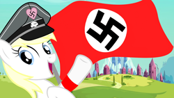 Size: 1280x720 | Tagged: safe, artist:accu, imported from derpibooru, oc, oc only, oc:aryanne, earth pony, pony, armband, city, female, flag, hat, heil, meadow, mountain, nazi, road, salute, show accurate, sieg heil, smiling, solo, swastika, totenkopf, vector