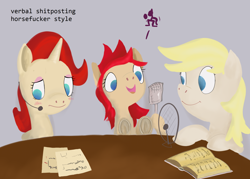 Size: 2430x1736 | Tagged: safe, artist:anonymous, imported from derpibooru, oc, oc only, oc:aryanne, oc:red pone (8chan), oc:ruby (8chan), /pone/, 8chan, microphone, paper, podcast, radio, shitposting, sitting, table, talking