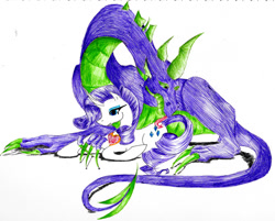 Size: 1024x825 | Tagged: safe, artist:missivoryrainbow, imported from derpibooru, rarity, spike, female, fire ruby, male, older, older spike, shipping, sparity, straight, tongue out, traditional art