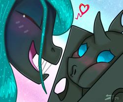 Size: 1200x1000 | Tagged: safe, artist:zindry, imported from derpibooru, queen chrysalis, changeling, changeling queen, nymph, cute, cutealis, cuteling, duo, female, gradient background, heart, mommy chrissy, squishy cheeks