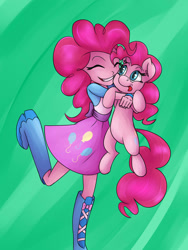 Size: 1024x1365 | Tagged: safe, artist:megagibs, imported from derpibooru, pinkie pie, pony, equestria girls, :p, cute, diapinkes, eyes closed, holding a pony, hug, human ponidox, self ponidox, silly, tongue out
