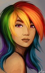 Size: 1000x1589 | Tagged: safe, artist:lady-largo, imported from derpibooru, rainbow dash, human, female, humanized, portrait, solo