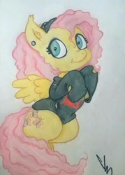 Size: 504x702 | Tagged: safe, artist:gingerthefox, imported from derpibooru, fluttershy, pegasus, pony, alternate hairstyle, clothes, ear piercing, female, looking at you, piercing, punk, simple background, solo, traditional art