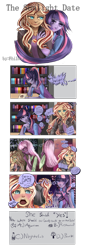 Size: 1024x2973 | Tagged: safe, artist:philota, imported from derpibooru, cheerilee, sunset shimmer, twilight sparkle, equestria girls, comic, cyoa, female, humanized, lesbian, library, pony coloring, shipping, sunsetsparkle, uncanny valley