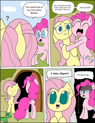 Size: 1024x1322 | Tagged: safe, artist:average-00, imported from derpibooru, fluttershy, gummy, pinkie pie, comic:opposites, comic, hug