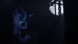 Size: 1920x1080 | Tagged: safe, imported from derpibooru, starlight glimmer, pony, unicorn, 3d, chains, eyebrows, female, looking down, moon, night, sad, sad face, sadlight glimmer, solo, source filmmaker, team fortress 2, window