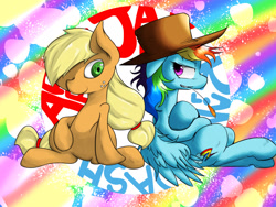 Size: 1280x960 | Tagged: safe, artist:suzumaru, artist:yanderejack, imported from derpibooru, applejack, rainbow dash, accessory swap, collaboration, crossed arms, duo, grass stalk, grin, hat, rainbow, straw in mouth