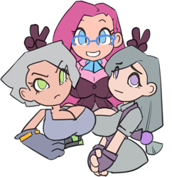 Size: 720x745 | Tagged: safe, artist:moronsonofboron, imported from derpibooru, limestone pie, marble pie, pinkamena diane pie, pinkie pie, human, breasts, busty limestone pie, busty marble pie, busty pie sisters, busty pinkie pie, chibi, cleavage, clothes, female, frown, glasses, gloves, grin, humanized, looking at you, major miners, peace sign, smiling