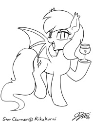 Size: 1000x1309 | Tagged: safe, artist:johnjoseco, imported from derpibooru, oc, oc only, oc:star charmer, bat pony, pony, glass, grayscale, monochrome, solo
