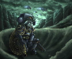 Size: 3006x2454 | Tagged: safe, artist:raedin, imported from derpibooru, oc, oc only, oc:solar chaser, anthro, armor, chainsword, commission, devastator, heavy bolter, power armor, solo, space marine, ultramarine, warhammer (game), warhammer 40k, weapon