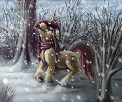 Size: 2466x2058 | Tagged: safe, artist:raedin, imported from derpibooru, oc, oc only, bare tree, bush, chest fluff, looking up, snow, snowfall, solo, tree, winter