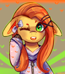 Size: 1280x1445 | Tagged: safe, artist:cherivinca, imported from derpibooru, fluttershy, pegasus, pony, bow, clothes, digital art, female, floppy ears, green eyes, hair accessory, hair bow, heart print, hoodie, mare, one eye closed, open mouth, purple hoodie, solo, sweater
