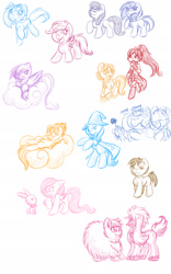 Size: 1200x1920 | Tagged: safe, artist:abbystarling, imported from derpibooru, angel bunny, dj pon-3, fluttershy, gilda, octavia melody, scootaloo, trixie, vinyl scratch, oc, oc:fluffle puff, furfrou, griffon, human, bowtie, cloud, monochrome, pokémon, simple background, sketch, sleeping, white background