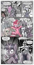 Size: 665x1270 | Tagged: safe, artist:pencils, imported from derpibooru, applejack, fluttershy, limestone pie, marble pie, maud pie, pinkie pie, rainbow dash, rarity, spike, twilight sparkle, oc, oc:anon, oc:mascara maroon, oc:saltsimmer talltail, alicorn, dragon, earth pony, human, pegasus, pony, unicorn, comic:anon's pie adventure, book, cart, comic, female, human male, innuendo, male, mane seven, mane six, mare, scrunchy face, spikeabuse, twilight sparkle (alicorn)