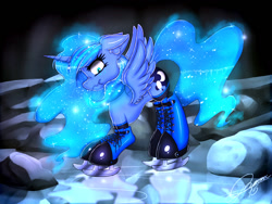 Size: 1024x768 | Tagged: safe, artist:gamermac, imported from derpibooru, princess luna, ear fluff, female, floppy ears, ice, ice skates, nose wrinkle, scrunchy face, solo, spread wings, wavy mouth