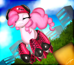 Size: 1188x1056 | Tagged: safe, artist:gamermac, imported from derpibooru, pinkie pie, female, helmet, ponies in roller skates, pronking, roller skates, solo