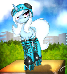 Size: 1002x1114 | Tagged: safe, artist:gamermac, imported from derpibooru, trixie, pony, unicorn, female, helmet, mare, ponies in roller skates, roller skates, solo