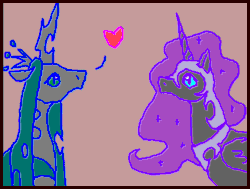 Size: 627x475 | Tagged: safe, artist:begasus, imported from derpibooru, nightmare moon, queen chrysalis, alicorn, changeling, changeling queen, pony, animated, brown background, chrysmoon, cute, cutealis, female, frame by frame, heart, lesbian, moonabetes, shipping, simple background, squigglevision