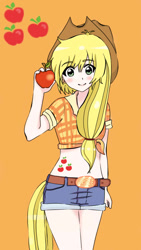 Size: 540x960 | Tagged: safe, artist:yui-chan24, imported from derpibooru, applejack, human, apple, belly button, clothes, daisy dukes, female, food, front knot midriff, humanized, midriff, shorts, solo, tailed humanization