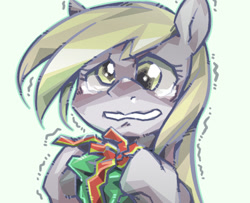 Size: 800x649 | Tagged: safe, artist:tyuubatu, imported from derpibooru, derpy hooves, pegasus, pony, crying, female, mare, present, sad, shaking, solo