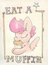 Size: 642x858 | Tagged: safe, artist:slightlyshade, imported from derpibooru, scootaloo, female, food, muffin, solo, traditional art