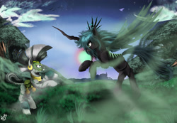 Size: 3733x2584 | Tagged: safe, artist:vinicius040598, imported from derpibooru, queen chrysalis, zecora, changeling, changeling queen, zebra, the cutie re-mark, alternate timeline, chrysalis resistance timeline, crepuscular rays, everfree forest, female, fight, mask, rearing, resistance leader zecora
