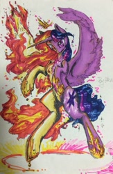 Size: 1092x1671 | Tagged: safe, artist:goldenrainynight, imported from derpibooru, twilight sparkle, twilight sparkle (alicorn), alicorn, pony, rapidash, female, mane of fire, mare, pokémon, rapidash twilight, solo, spread wings, traditional art
