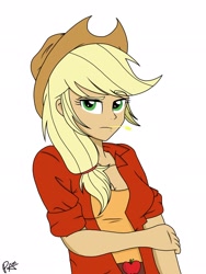 Size: 1536x2048 | Tagged: safe, artist:pimpartist101, imported from derpibooru, applejack, human, equestria girls, breasts, busty applejack, cleavage, clothes, female, frown, humanized, shirt, simple background, solo, straw, straw in mouth, tanktop