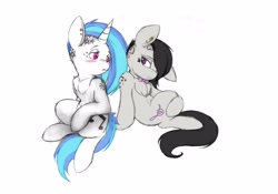 Size: 2956x2068 | Tagged: dead source, safe, artist:tilly-towell, imported from derpibooru, octavia melody, vinyl scratch, earth pony, pony, unicorn, alternate hairstyle, blushing, bowtie, chest fluff, duo, ear piercing, earring, female, hair over one eye, haircut, lesbian, mare, piercing, scratchtavia, shipping, simple background, tattoo, undercut, white background