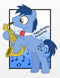 Size: 3000x3868 | Tagged: safe, artist:chainchomp2, imported from derpibooru, blues, noteworthy, earth pony, pony, birthday, bowtie, gift art, happy birthday, high res, male, musical instrument, saxophone, solo, stallion, vector