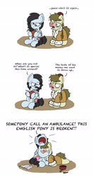 Size: 2480x4689 | Tagged: safe, artist:bobthedalek, imported from derpibooru, oc, oc only, oc:kettle master, oc:tilly towell, earth pony, pegasus, pony, bathrobe, book, british, caring for the sick, clothes, cold, comic, dialogue, english, fez, hat, hug, lidded eyes, looking back, messy mane, open mouth, red nosed, sick, simple background, sitting, white background, xk-class end-of-the-world scenario
