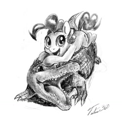 Size: 1280x1280 | Tagged: safe, artist:tsitra360, imported from derpibooru, gummy, pinkie pie, alligator, duo, grayscale, looking at you, monochrome, older, open mouth, simple background, smiling, white background