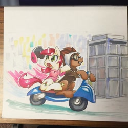Size: 1080x1080 | Tagged: safe, artist:tsitra360, imported from derpibooru, doctor whooves, roseluck, time turner, earth pony, pony, clothes, doctor who, doctorrose, duo, female, goggles, helmet, jacket, male, mare, marker drawing, moped, open mouth, shipping, stallion, straight, tardis, traditional art, vehicle