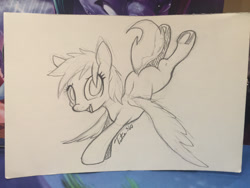Size: 1280x960 | Tagged: safe, artist:tsitra360, imported from derpibooru, oc, oc only, blank flank, flying, looking at you, monochrome, open mouth, pencil drawing, photo, simple background, sketch, smiling, solo, traditional art, white background