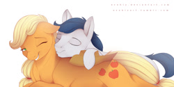Size: 1000x500 | Tagged: safe, artist:evehly, imported from derpibooru, applejack, oc, oc:constance everheart, earth pony, pony, canon x oc, earth pony oc, everjack, eyes closed, female, grin, kissing, male, mare, one eye closed, shipping, simple background, smiling, snuggling, stallion, straight, white background