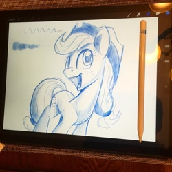 Size: 1080x1080 | Tagged: safe, artist:tsitra360, imported from derpibooru, applejack, apple pencil, female, ipad, open mouth, photo, simple background, sketch, smiling, solo, white background