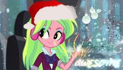 Size: 1024x584 | Tagged: safe, artist:wolfywoods-17, imported from derpibooru, lemon zest, equestria girls, christmas, hat, headphones, magical girl, santa hat, sparks