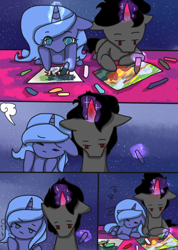 Size: 500x703 | Tagged: safe, imported from derpibooru, king sombra, princess luna, crayons, female, lumbra, male, s1 luna, shipping, sleeping, straight