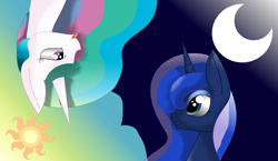 Size: 6776x3936 | Tagged: safe, imported from derpibooru, princess celestia, princess luna, silly face, sun and moon