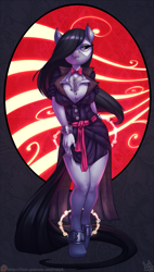 Size: 681x1200 | Tagged: safe, artist:atryl, imported from derpibooru, octavia melody, anthro, earth pony, unguligrade anthro, arm behind back, bedroom eyes, bowtie, breasts, chains, clothes, crossover, cuffs, dress, female, full body, hair over one eye, manacles, mask, missing shoes, patreon, patreon logo, phantom of the opera, sexy, shackles, smiling, socks, solo, stockings, thigh highs