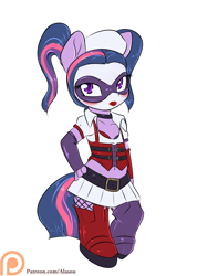 Size: 1050x1400 | Tagged: safe, artist:alasou, imported from derpibooru, twilight sparkle, anthro, plantigrade anthro, belly button, chibi, clothes, cosplay, costume, face paint, female, hand on hip, harley quinn, latex, latex boots, looking at you, mask, midriff, patreon, patreon logo, simple background, solo, voice actor joke, white background