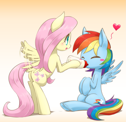 Size: 1021x985 | Tagged: safe, artist:hashioaryut, imported from derpibooru, fluttershy, rainbow dash, pegasus, pony, adult foal, baby bottle, bipedal, blushing, cute, dashabetes, duo, eyes closed, feeding, flapping, gradient background, heart, hoof hold, open mouth, shyabetes, sitting, smiling, spread wings, underhoof