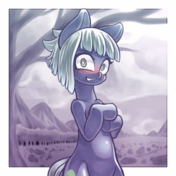 Size: 3000x3000 | Tagged: safe, artist:kaikoinu, imported from derpibooru, limestone pie, earth pony, pony, bipedal, blushing, female, looking at you, mare, mountain, mountain range, pixiv, rock farm, solo, tree
