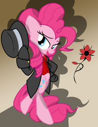 Size: 1400x1800 | Tagged: safe, artist:geraritydevillefort, imported from derpibooru, pinkie pie, earth pony, pony, bedroom eyes, clothes, crossover, cute, diapinkes, female, flower, hat, hoof hold, looking at you, mare, open mouth, pose, rose, shadow, solo, standing, the scarlet pimpernel, top hat