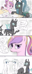 Size: 1600x3645 | Tagged: safe, artist:plotcore, imported from derpibooru, double diamond, princess cadance, queen chrysalis, rarity, changeling, :3, blushing, comic, cute, implied diamond duo, implied rarity, self ponidox, shipper on deck, shipping, shipping chart