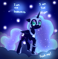 Size: 800x819 | Tagged: safe, artist:saiadass, imported from derpibooru, nightmare moon, alicorn, pony, cloud, female, floppy ears, i am the night, mare, night, shooting star, snow, solo, stars