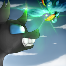 Size: 1000x1000 | Tagged: safe, artist:drawingdarkblade, imported from derpibooru, rainbow dash, changeling, fight, magic