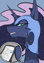 Size: 1240x1754 | Tagged: safe, artist:theobrobine, imported from derpibooru, nightmare moon, cellphone, female, japanese, lip bite, phone, solo, sweat